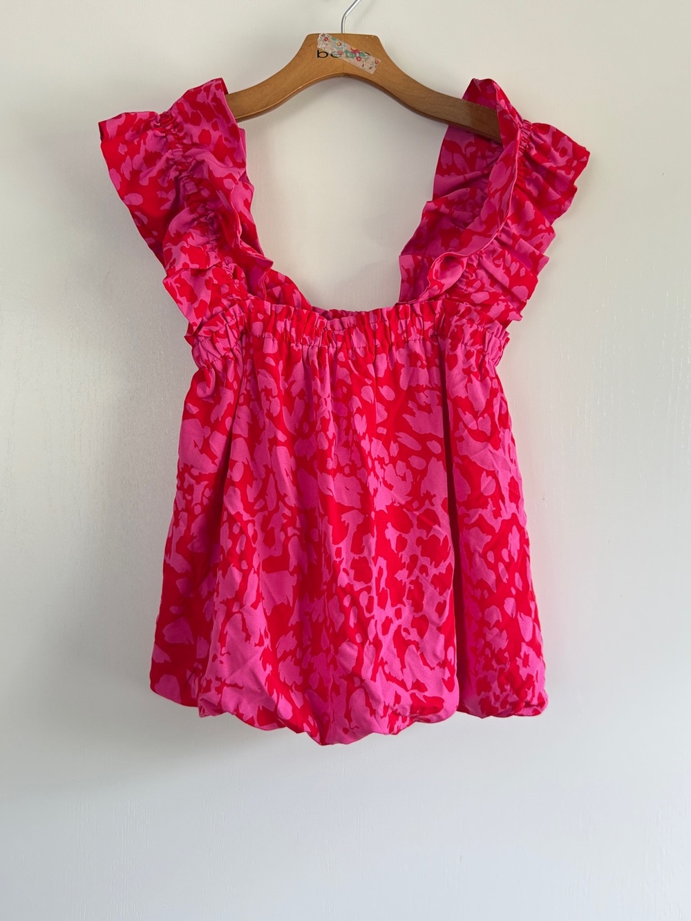 THML Ruffled Sleeveless Blouse - Hot Pink & Fuchsia Print Bubble Hem Feminine